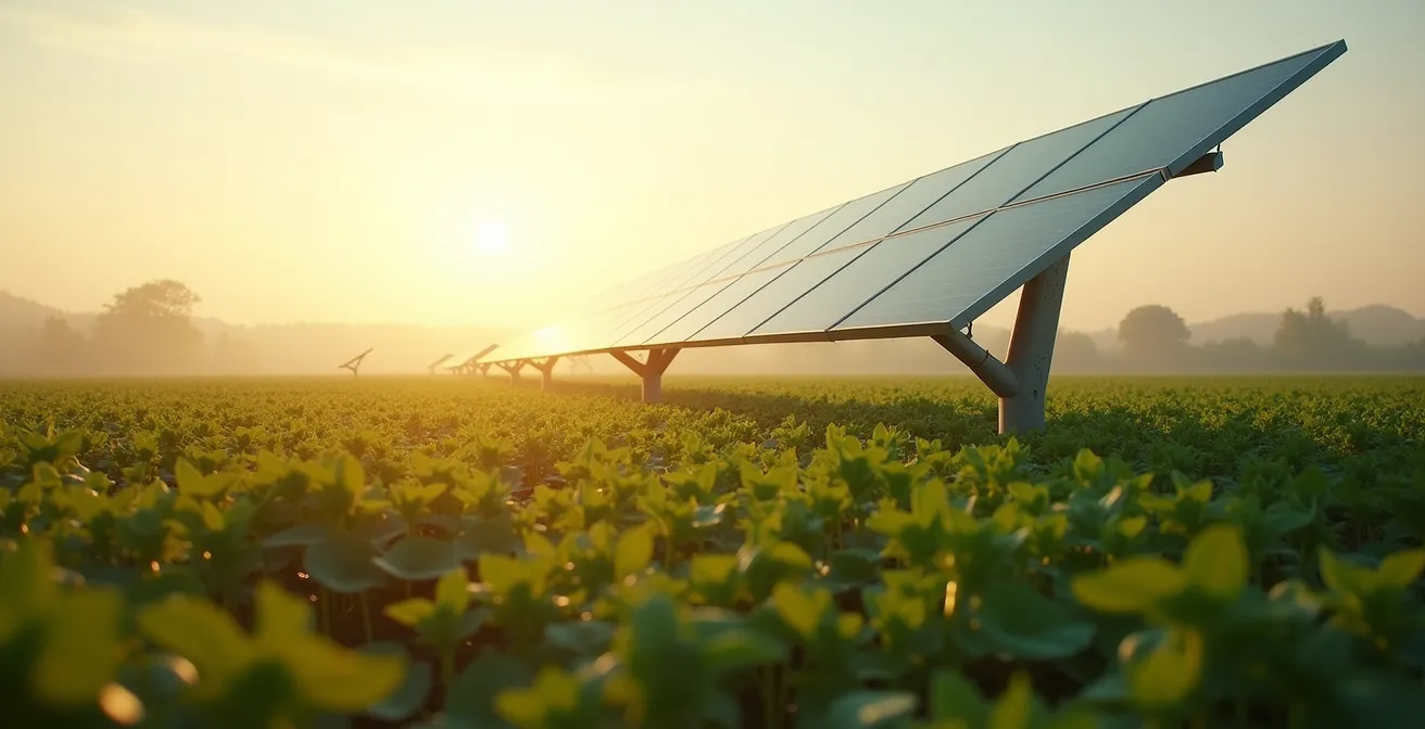 Solarpaneele, die über landwirtschaftlichen Flächen installiert sind, während darunter Pflanzen wachsen, veranschaulichen das Konzept der Agri-PV und der Doppelernte.