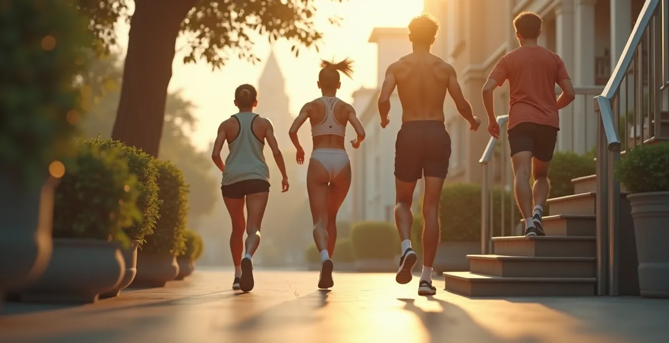 Illustration einer Person, die alltägliche Bewegungen macht wie Treppensteigen, Zähneputzen mit Wadenheben, und Geh-Meetings, die Fitness im Alltag symbolisieren.