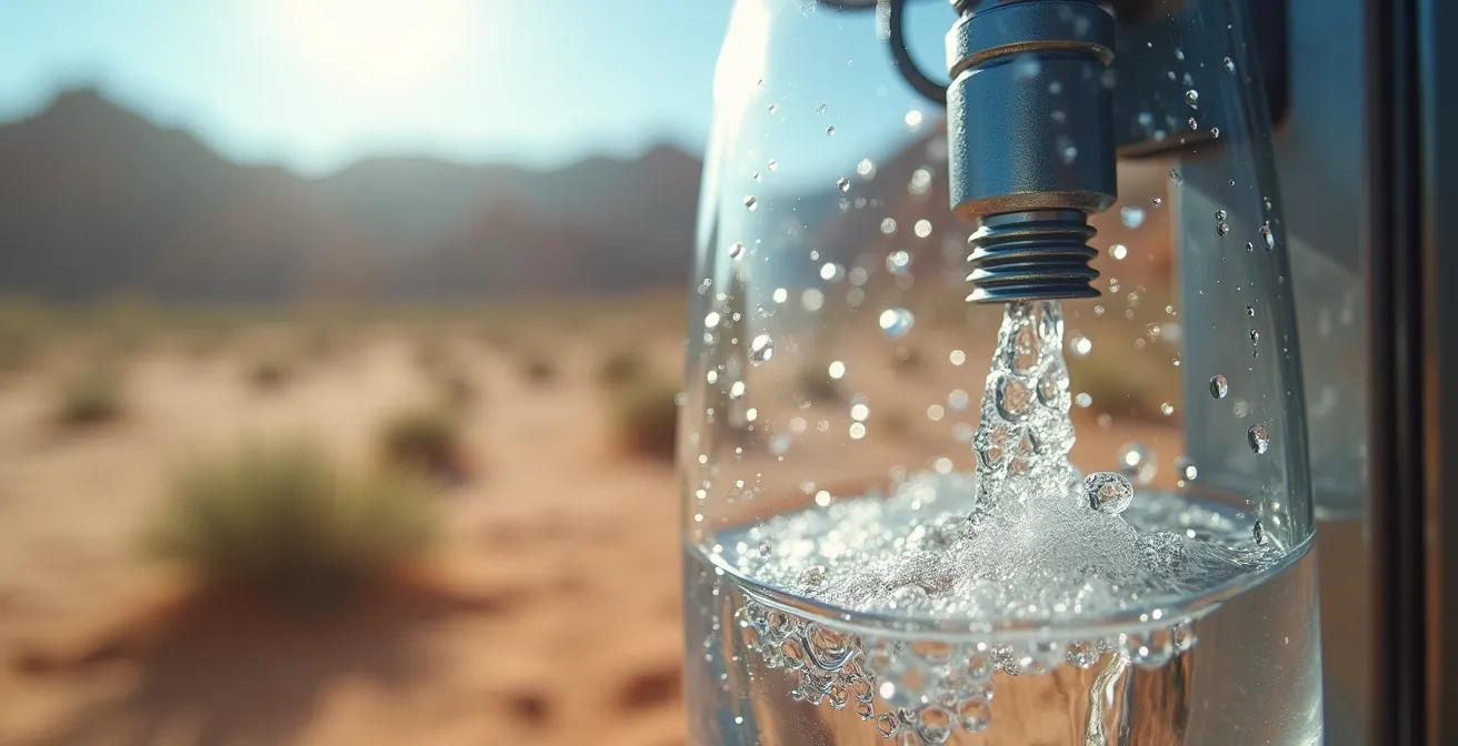 Ein modernes Gerät, das Feuchtigkeit aus der Luft entzieht und in Trinkwasser umwandelt, dargestellt in einem trockenen, ariden Umfeld, um die Funktionsweise der AWG-Technologie zu veranschaulichen.
