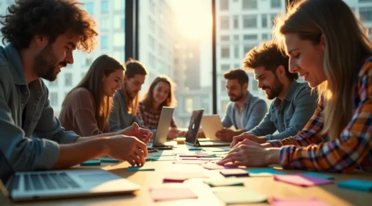 Dynamische Darstellung eines vielfältigen Teams, das agil zusammenarbeitet mit Post-its, digitaler Technologie und symbolischer Schnelligkeit