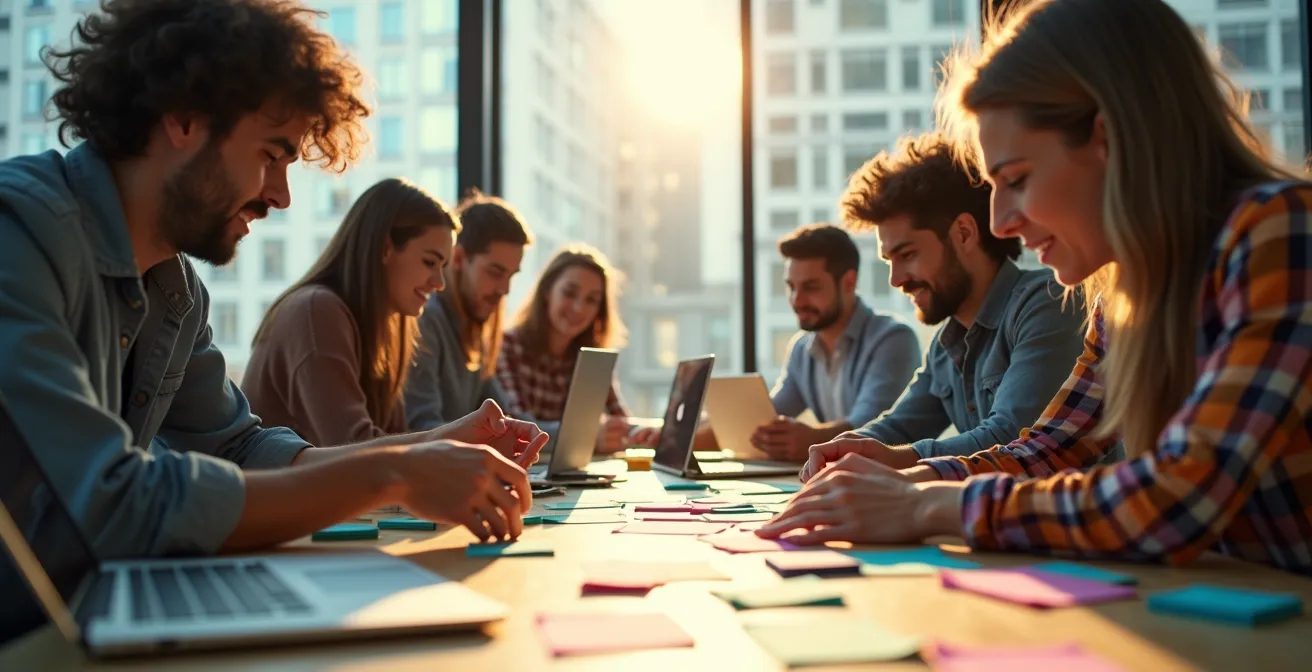 Dynamische Darstellung eines vielfältigen Teams, das agil zusammenarbeitet mit Post-its, digitaler Technologie und symbolischer Schnelligkeit