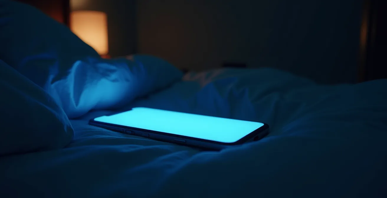 Illustration zeigt ein Smartphone auf einem Nachttisch mit negativen Auswirkungen auf Schlaf und Melatoninproduktion.