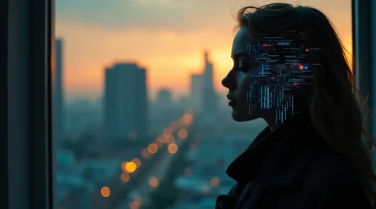 Symbolische Illustration der stillen digitalen Revolution mit Mensch und Technologie, die sich verschmelzen