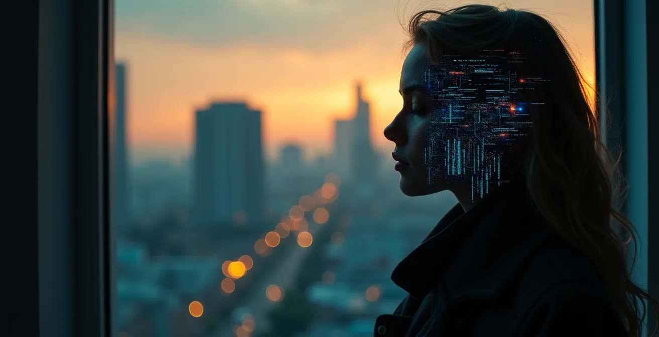 Symbolische Illustration der stillen digitalen Revolution mit Mensch und Technologie, die sich verschmelzen
