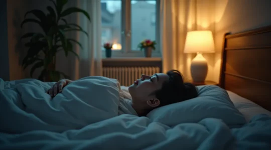 Symbolische Darstellung von Schlafhygiene und Gesundheit mit einer schlafenden Person umgeben von ruhigen, natürlichen Elementen.