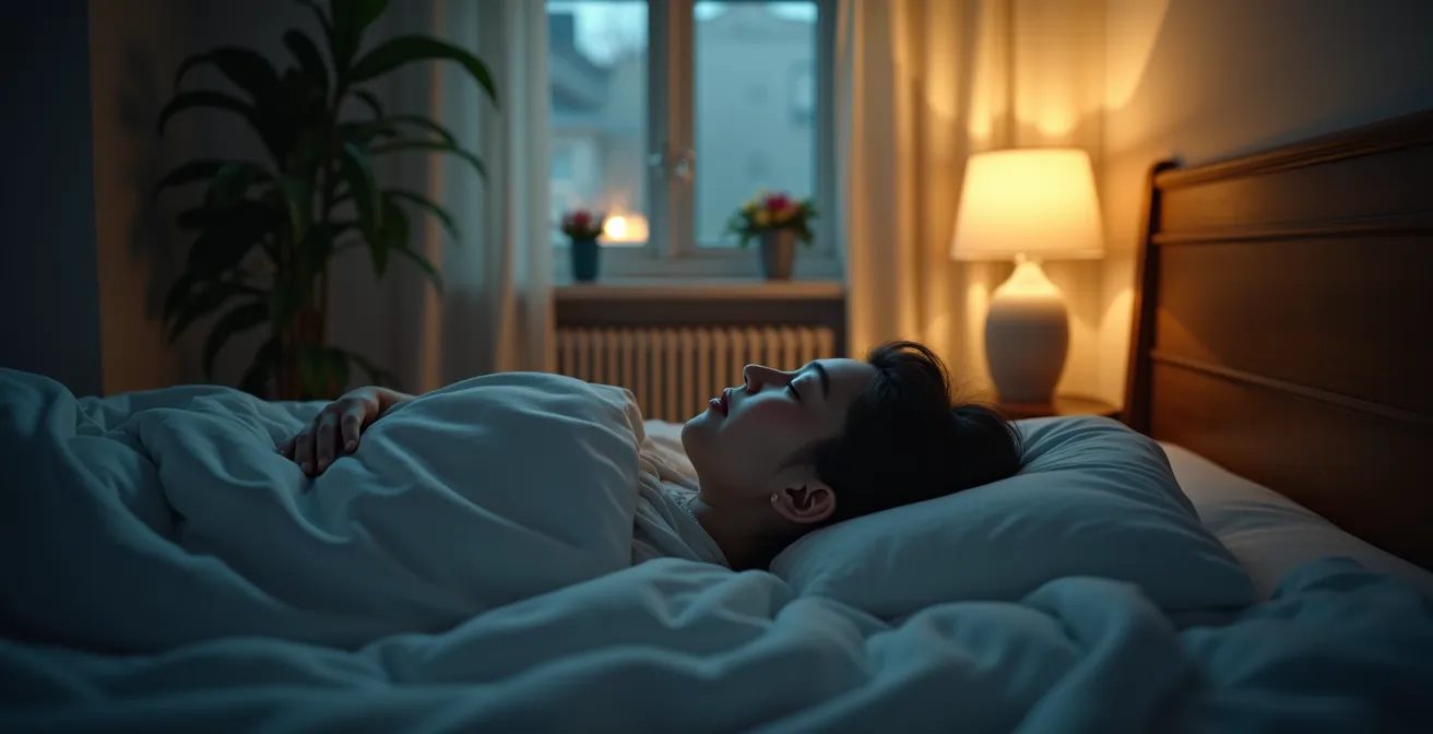 Symbolische Darstellung von Schlafhygiene und Gesundheit mit einer schlafenden Person umgeben von ruhigen, natürlichen Elementen.