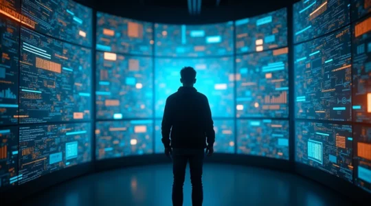 Eine Person betrachtet nachdenklich mehrere Bildschirme mit Algorithmus-Darstellungen und Datenströmen in einem dunklen Raum