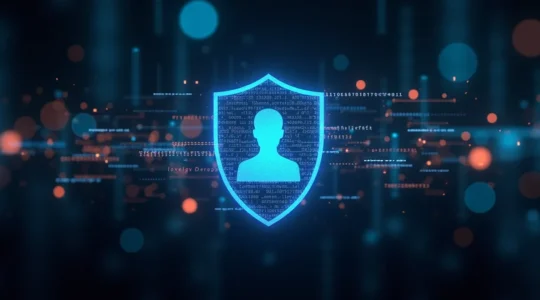 Symbolische Darstellung digitaler Selbstverteidigung mit einem Schutzschild aus Daten und Code