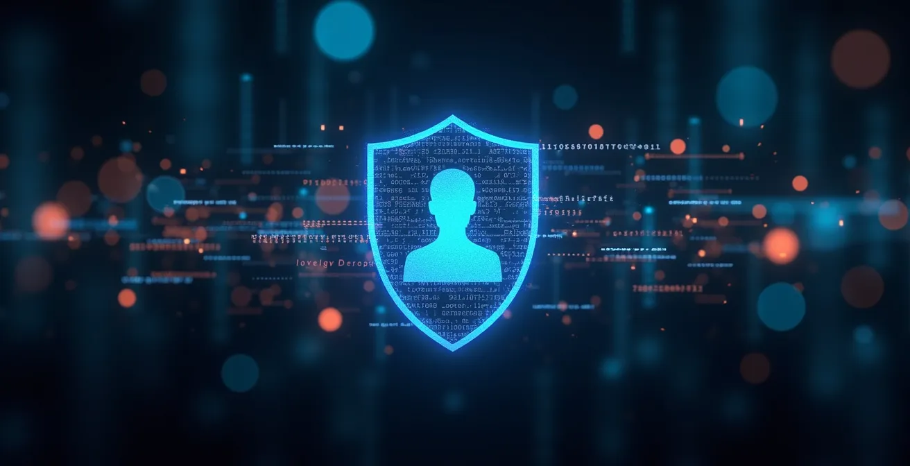 Symbolische Darstellung digitaler Selbstverteidigung mit einem Schutzschild aus Daten und Code