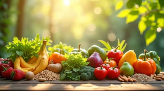 Eine harmonische Darstellung von frischen, nährstoffreichen Lebensmitteln in einer natürlichen Umgebung, die eine intuitive und gesunde Ernährung symbolisiert