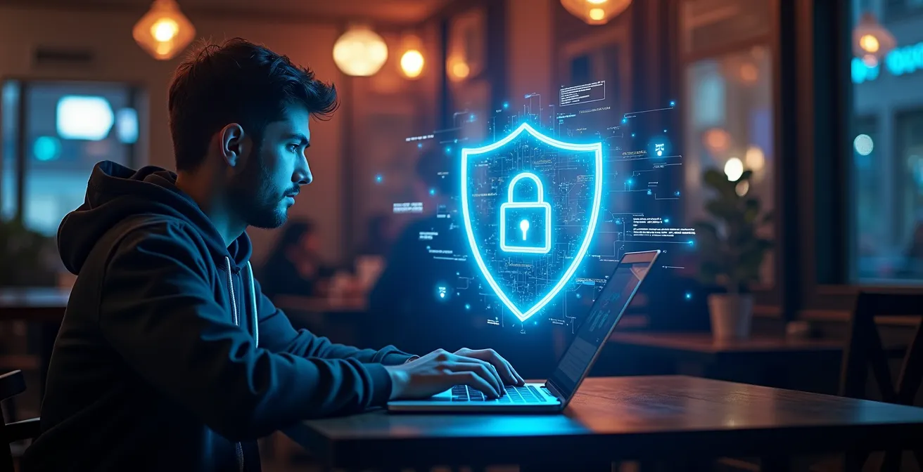 Symbolische Darstellung eines Nutzers im Café, geschützt durch VPN-Schild vor Hackerangriffen