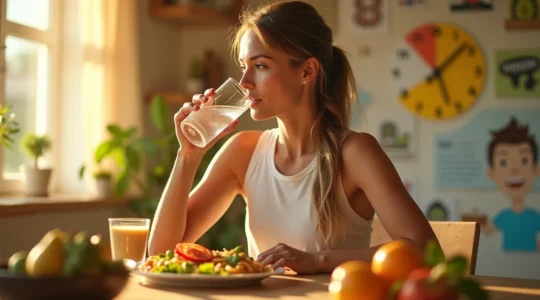 Eine dynamische Darstellung einer energiegeladenen Person, die gesunde Gewohnheiten im Alltag integriert, um Fitness und Vitalitaet zu symbolisieren.