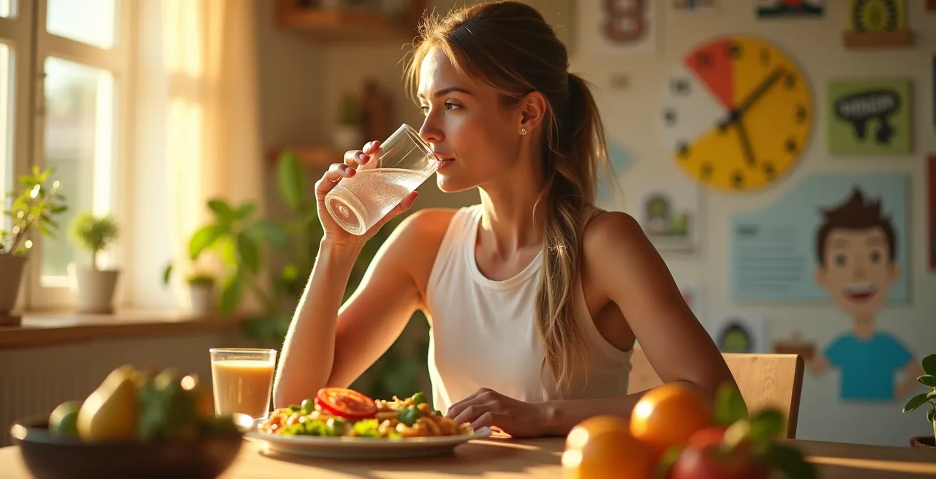 Eine dynamische Darstellung einer energiegeladenen Person, die gesunde Gewohnheiten im Alltag integriert, um Fitness und Vitalitaet zu symbolisieren.