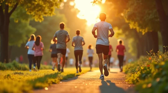 Symbolische Darstellung einer gesunden Lebensweise mit Menschen in Bewegung, frischer Natur und medizinischen Symbolen