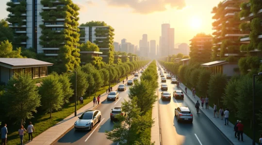 Eine moderne, urbane Landschaft mit grünen Dächern, Solarzellen, Fahrrädern und Menschen, die nachhaltige Technologien nutzen, symbolisiert die grüne Revolution im Alltag.