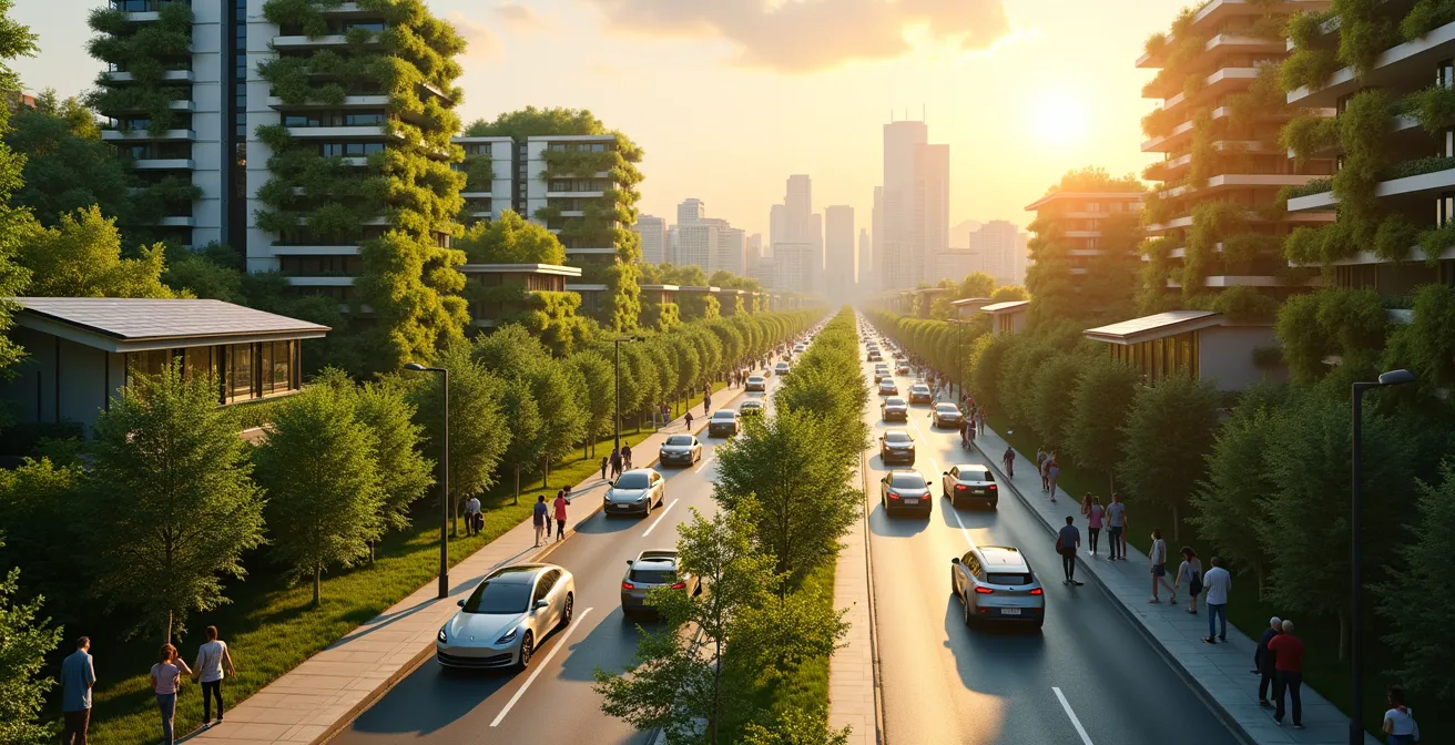 Eine moderne, urbane Landschaft mit grünen Dächern, Solarzellen, Fahrrädern und Menschen, die nachhaltige Technologien nutzen, symbolisiert die grüne Revolution im Alltag.