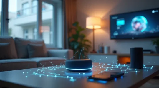 Modernes Wohnzimmer mit verschiedenen Smart-Home-Geräten, die miteinander verbunden sind und gesteuert werden