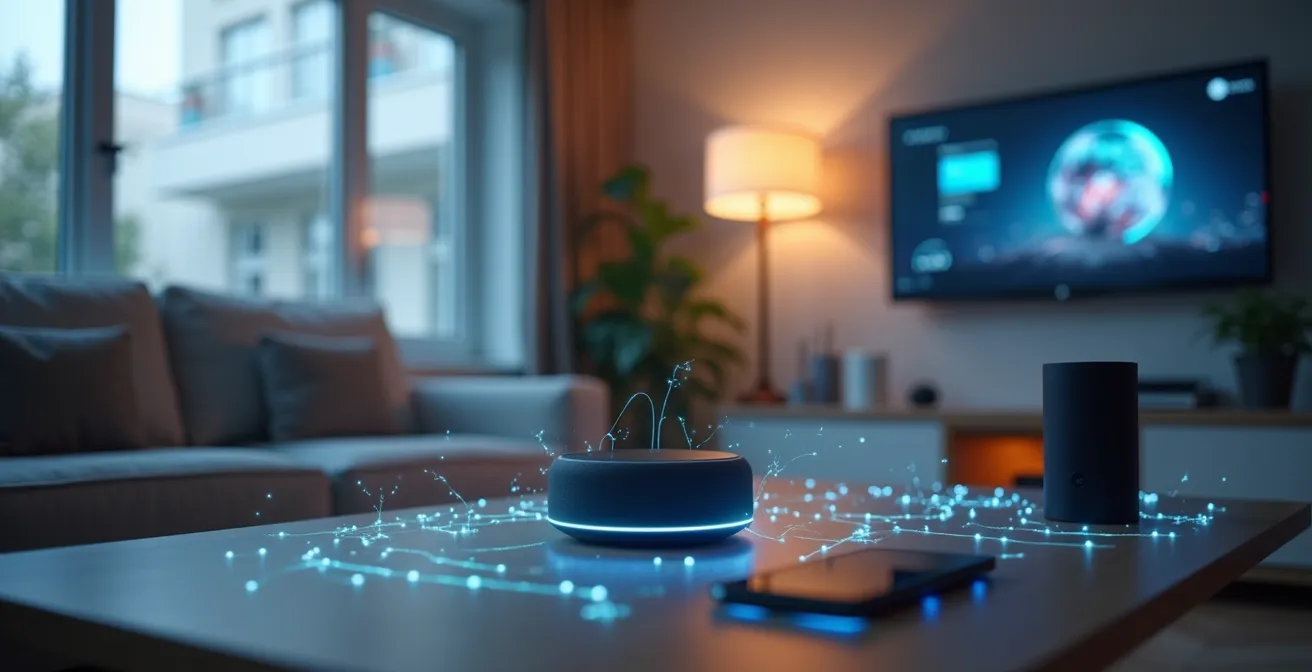 Modernes Wohnzimmer mit verschiedenen Smart-Home-Geräten, die miteinander verbunden sind und gesteuert werden