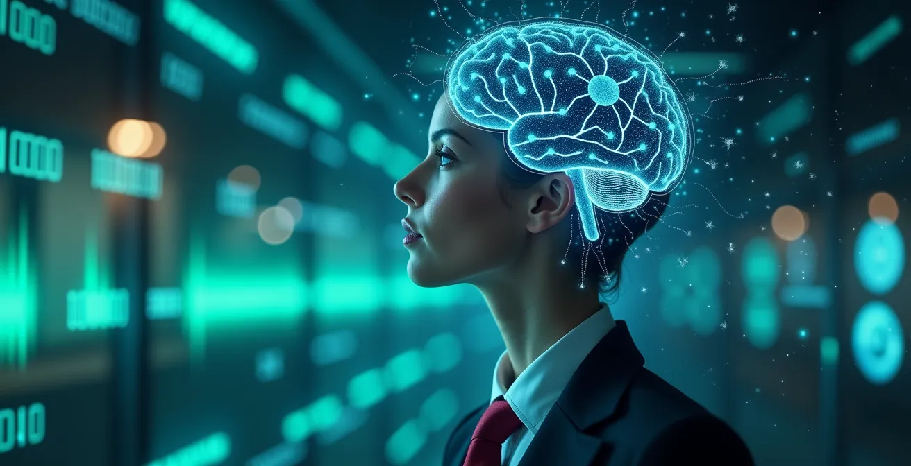 Symbolische Darstellung eines berufstätigen Menschen vor einem dynamischen digitalen Hintergrund mit Gehirnstrukturen, die Neuroplastizität symbolisieren