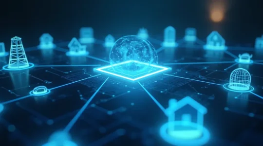 Symbolische Darstellung eines digitalen Netzwerks, das alltägliche Gegenstände miteinander verbindet, um die Präsenz von KI im Alltag zu veranschaulichen