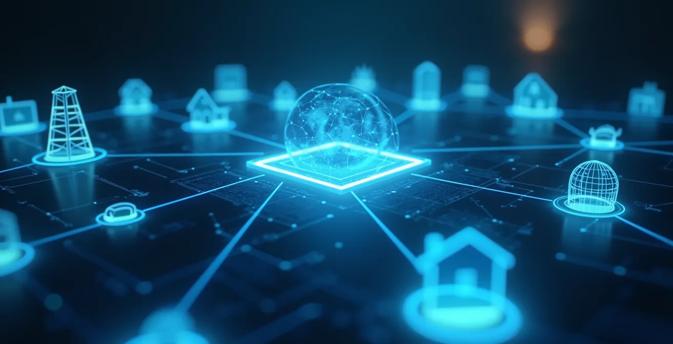 Symbolische Darstellung eines digitalen Netzwerks, das alltägliche Gegenstände miteinander verbindet, um die Präsenz von KI im Alltag zu veranschaulichen