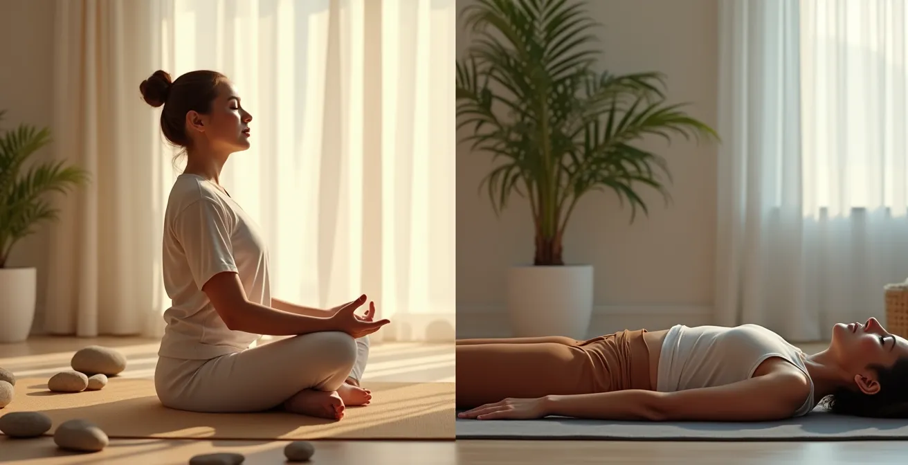 Split-Screen Darstellung einer Person bei Meditation und einer anderen bei progressiver Muskelentspannung in harmonischer Umgebung