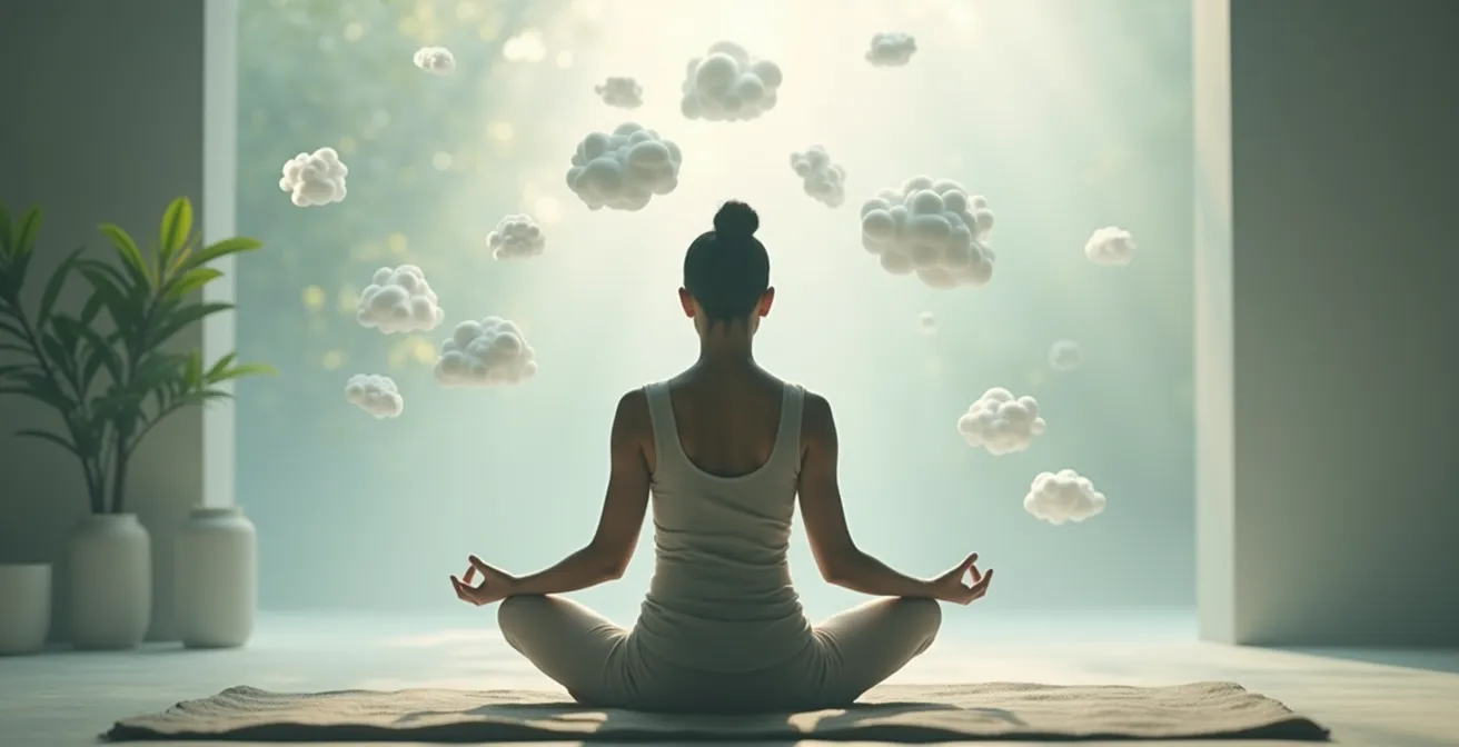 Konzeptuelle Darstellung des inneren Beobachters und der Metakognition durch eine meditative Person in ruhiger Umgebung