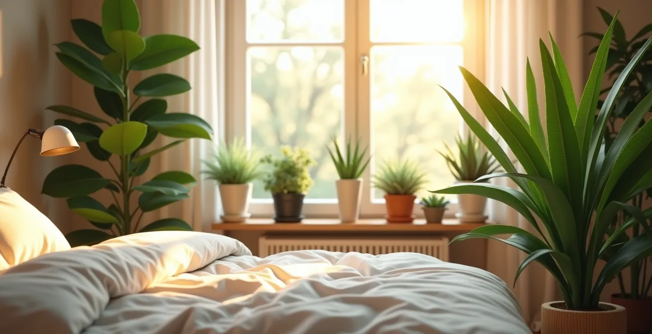Schlafzimmer mit Zimmerpflanzen, idealem Mikroklima und beruhigendem Soundscaping für erholsamen Schlaf.