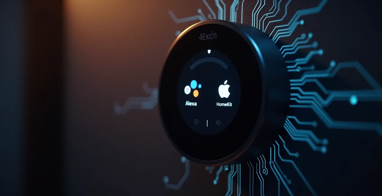 Symbole von Alexa, Google und Apple integriert in einem Heizungssteuerungssystem