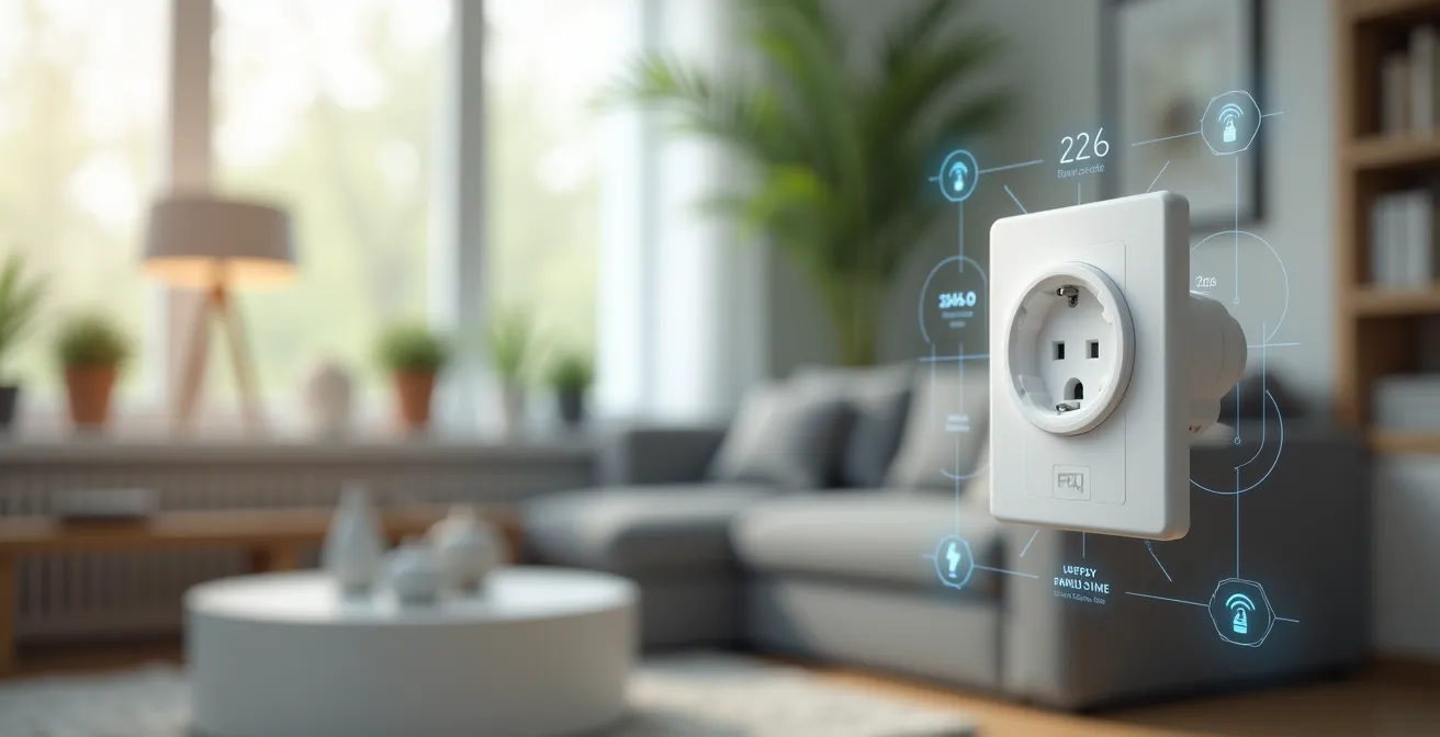 Smarte Steckdose mit eingeblendetem Stromverbrauch in einem modernen Wohnzimmer