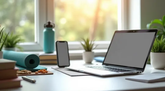 Professioneller Arbeitsplatz mit Entspannungstools wie Notebook, Pflanzen und Wellness-Elementen für Stressbewältigung und mentale Gesundheit