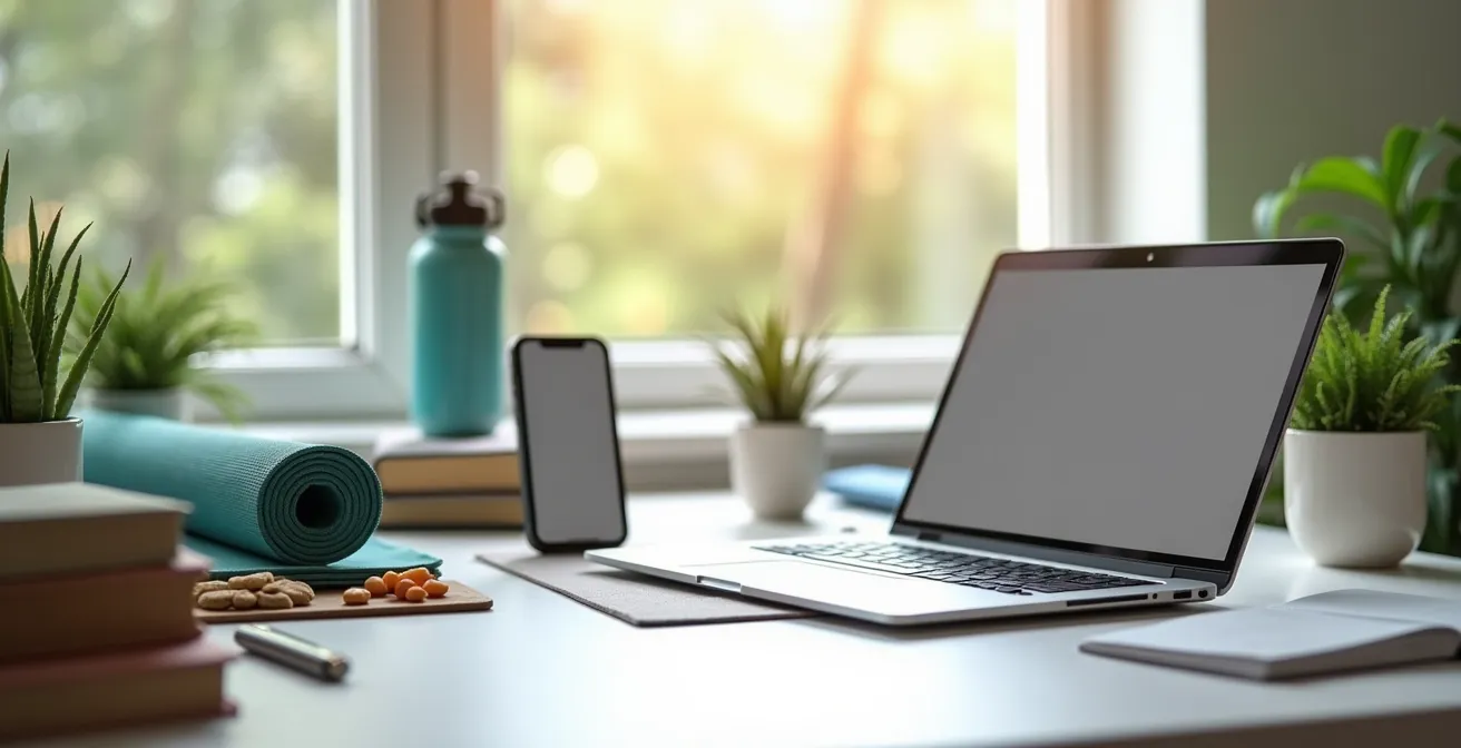 Professioneller Arbeitsplatz mit Entspannungstools wie Notebook, Pflanzen und Wellness-Elementen für Stressbewältigung und mentale Gesundheit
