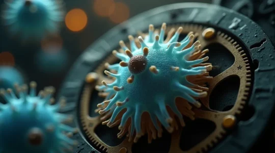 Symbolische Darstellung von regenerierenden Zellen und einer Uhr als Sinnbild für verlangsamten Alterungsprozess