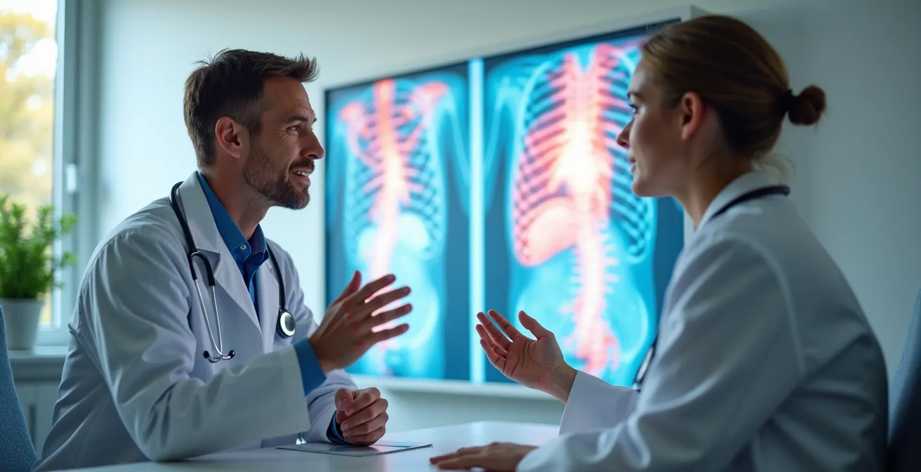 Ärzte besprechen gemeinsam medizinische Befunde in kollegialer Atmosphäre