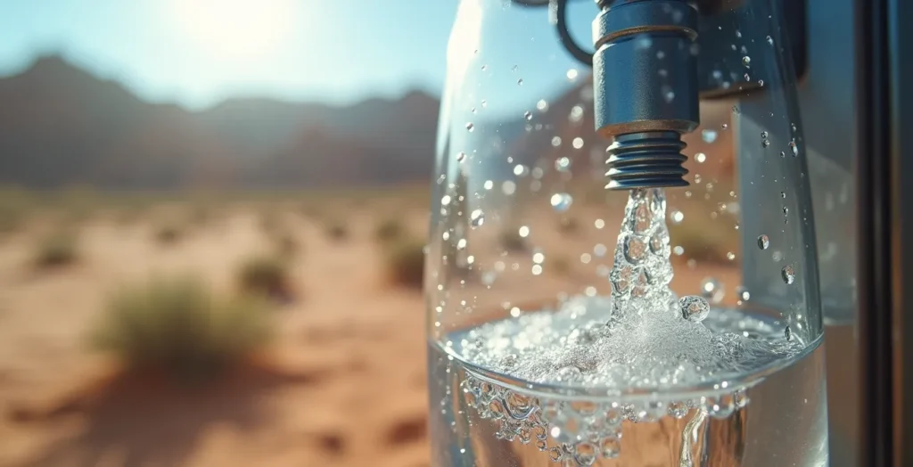 Ein modernes Gerät, das Feuchtigkeit aus der Luft entzieht und in Trinkwasser umwandelt, dargestellt in einem trockenen, ariden Umfeld, um die Funktionsweise der AWG-Technologie zu veranschaulichen. Ein modernes Gerät, das Feuchtigkeit aus der Luft entzieht und in Trinkwasser umwandelt, dargestellt in einem trockenen, ariden Umfeld, um die Funktionsweise der AWG-Technologie zu veranschaulichen.