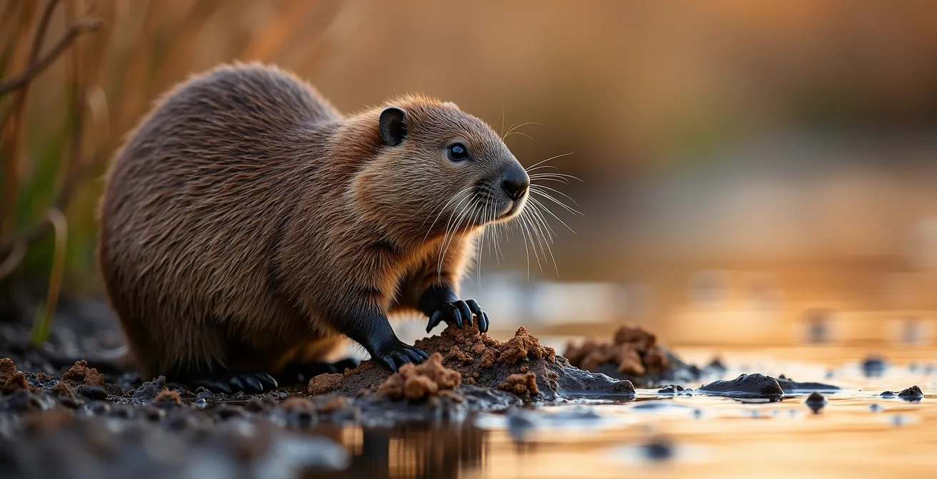 Biber bei der Arbeit an einem Damm in einer deutschen Flusslandschaft