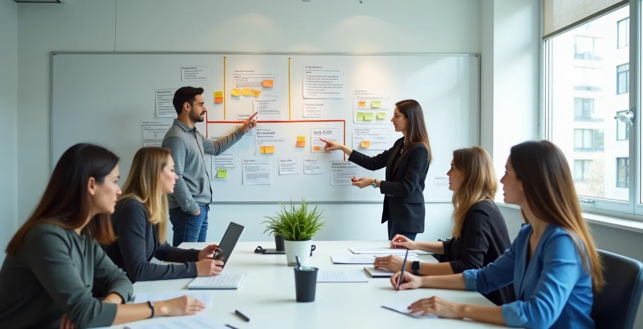 Team analysiert gemeinsam Prozessfehler an einem Whiteboard ohne Schuldzuweisung