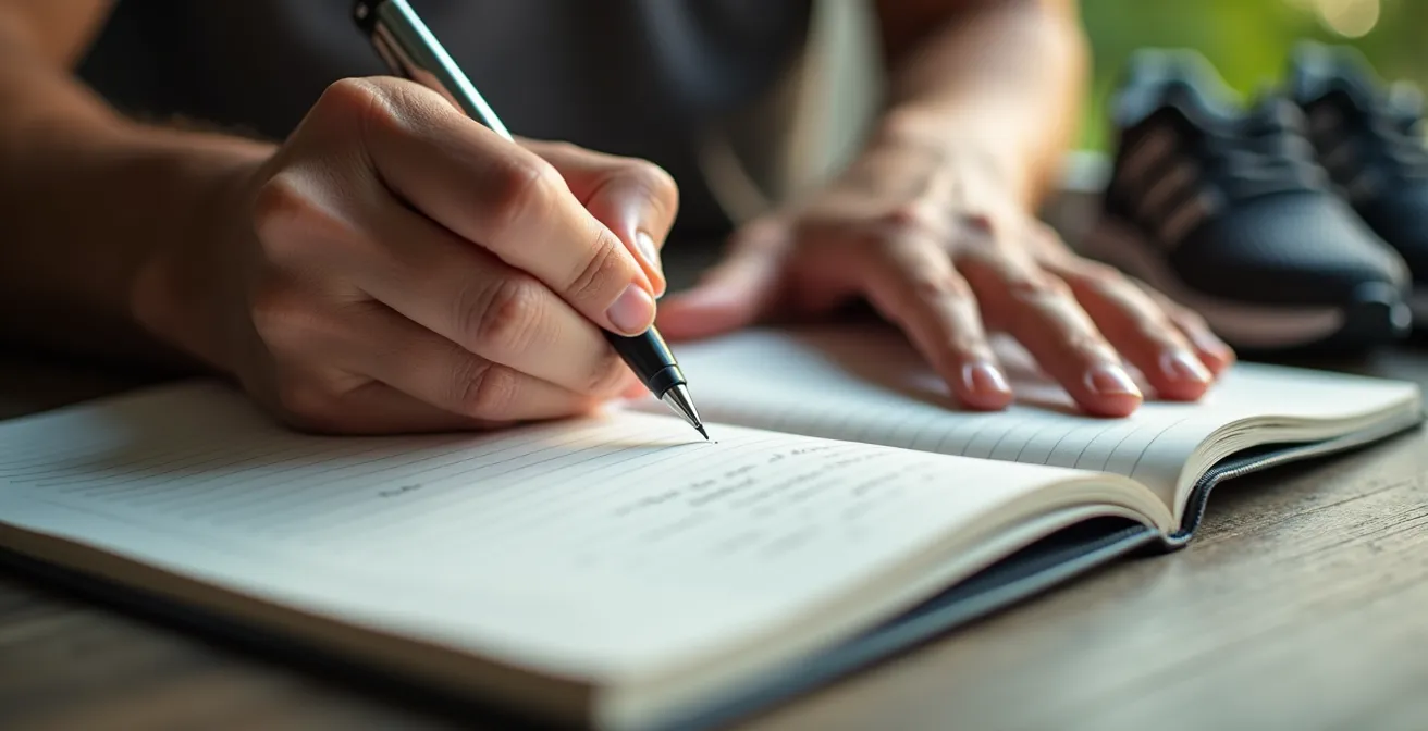 Nahaufnahme von Händen die Fitnessdaten in ein Trainingstagebuch eintragen