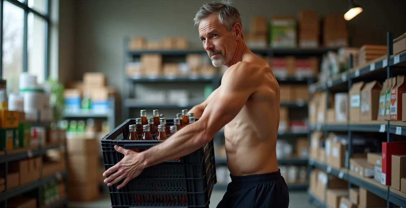 Person hebt Getränkekiste mit korrekter Körperhaltung in typisch deutschem Supermarkt