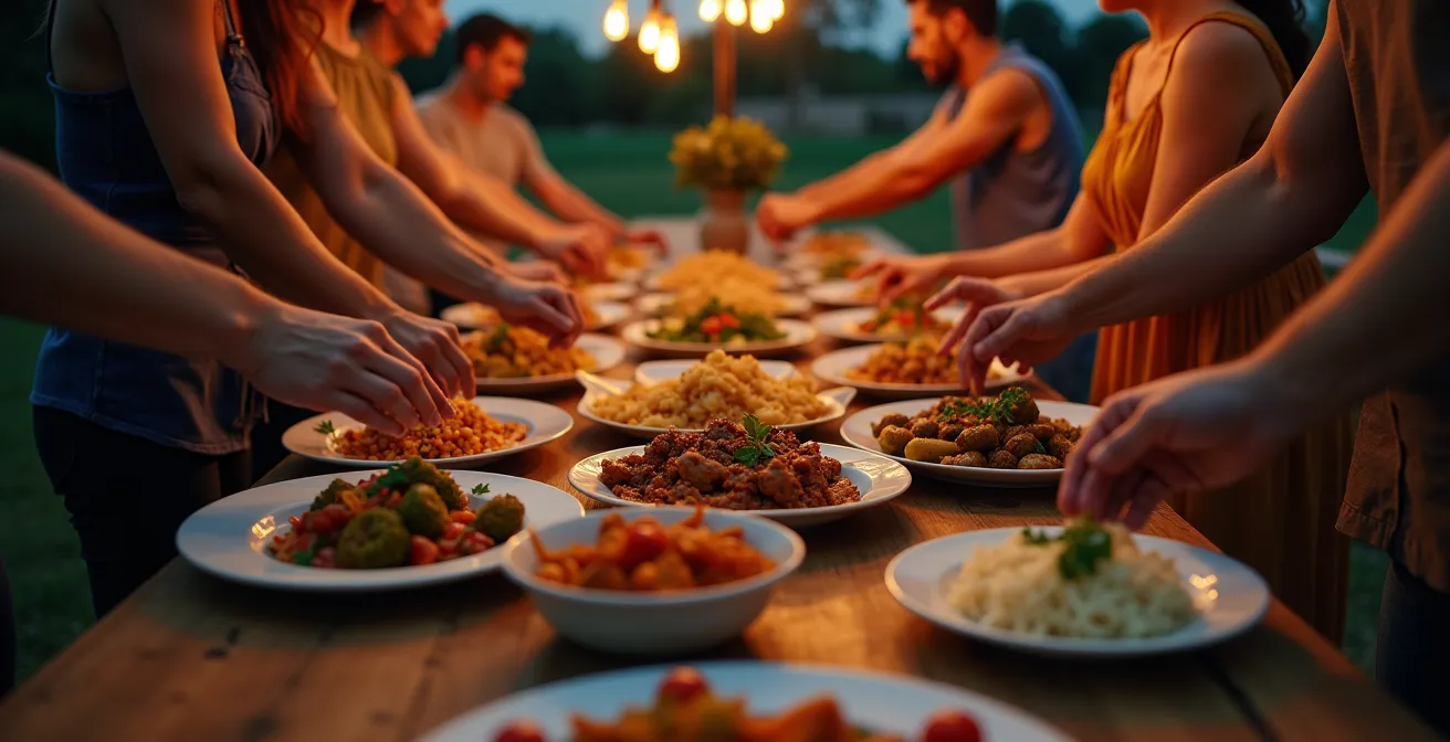 Menschen verschiedener Kulturen teilen eine Mahlzeit an einem langen Holztisch im Freien.