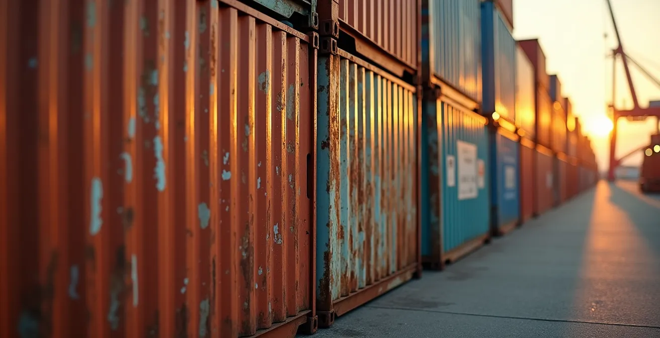 Luftaufnahme eines Containerhafens mit farbigen Frachtcontainern, die die globalen Lieferketten symbolisieren