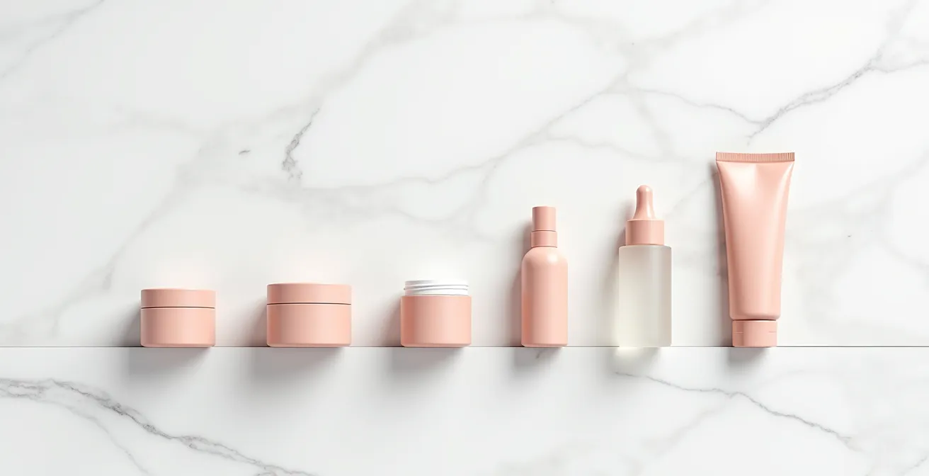Minimalistische Anordnung von Hautpflegeprodukten in der richtigen Reihenfolge