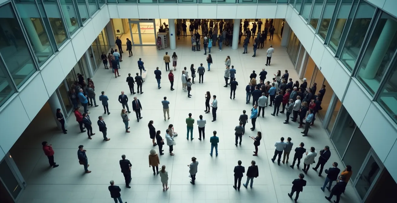 Wartende Menschen vor einer deutschen Gesundheitseinrichtung mit diversen kulturellen Hintergründen