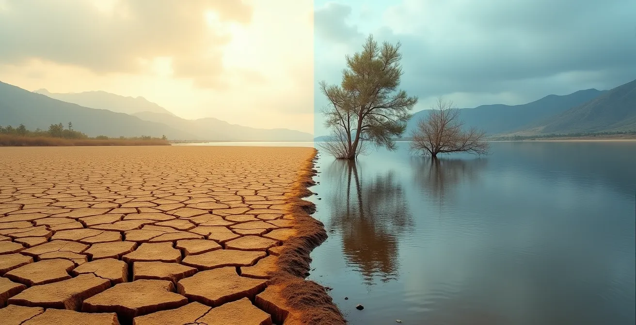 Gespaltene Landschaft, die links Dürre und rechts Überschwemmung zeigt, als Symbol für die Extreme der Klimakrise