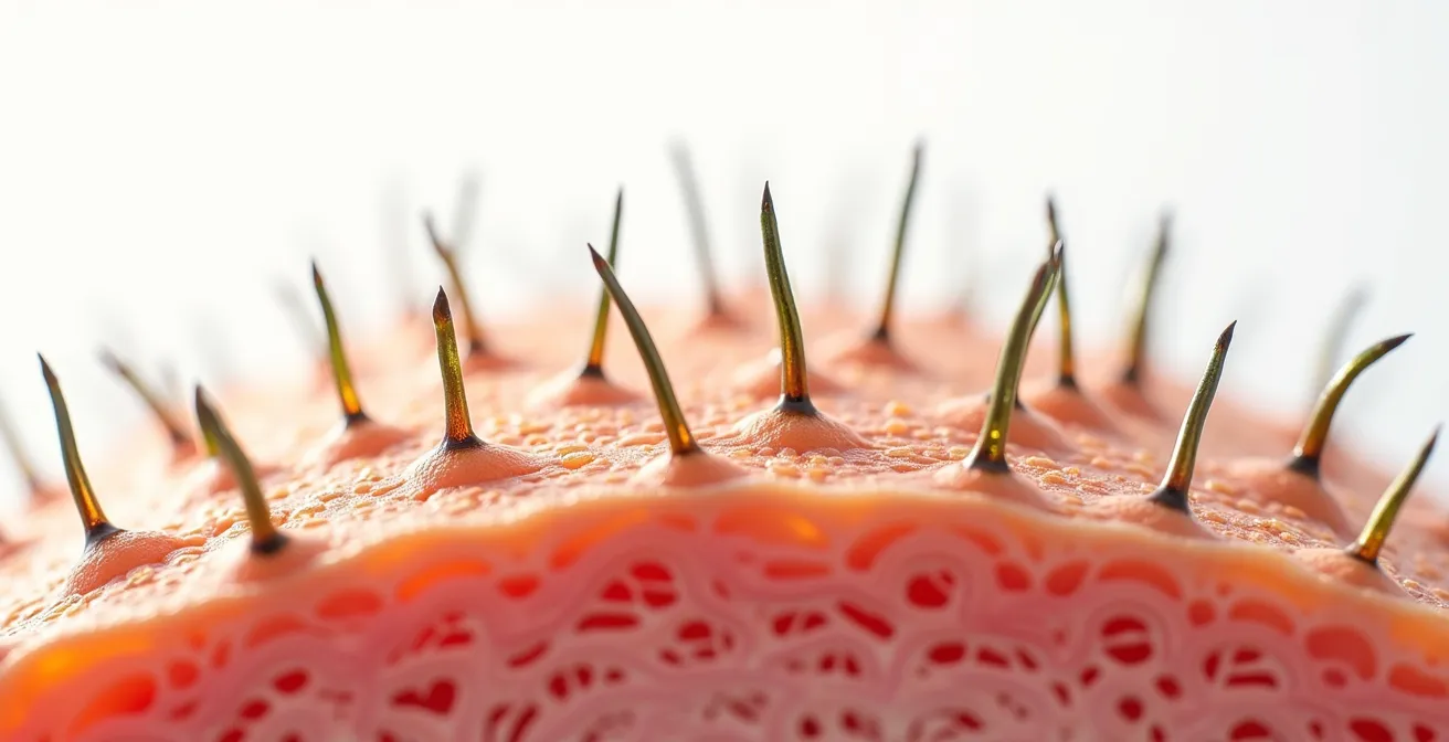 Gesunde Kopfhaut mit ausgewogenem Mikrobiom unter dem Mikroskop, das starke Haarwurzeln zeigt.