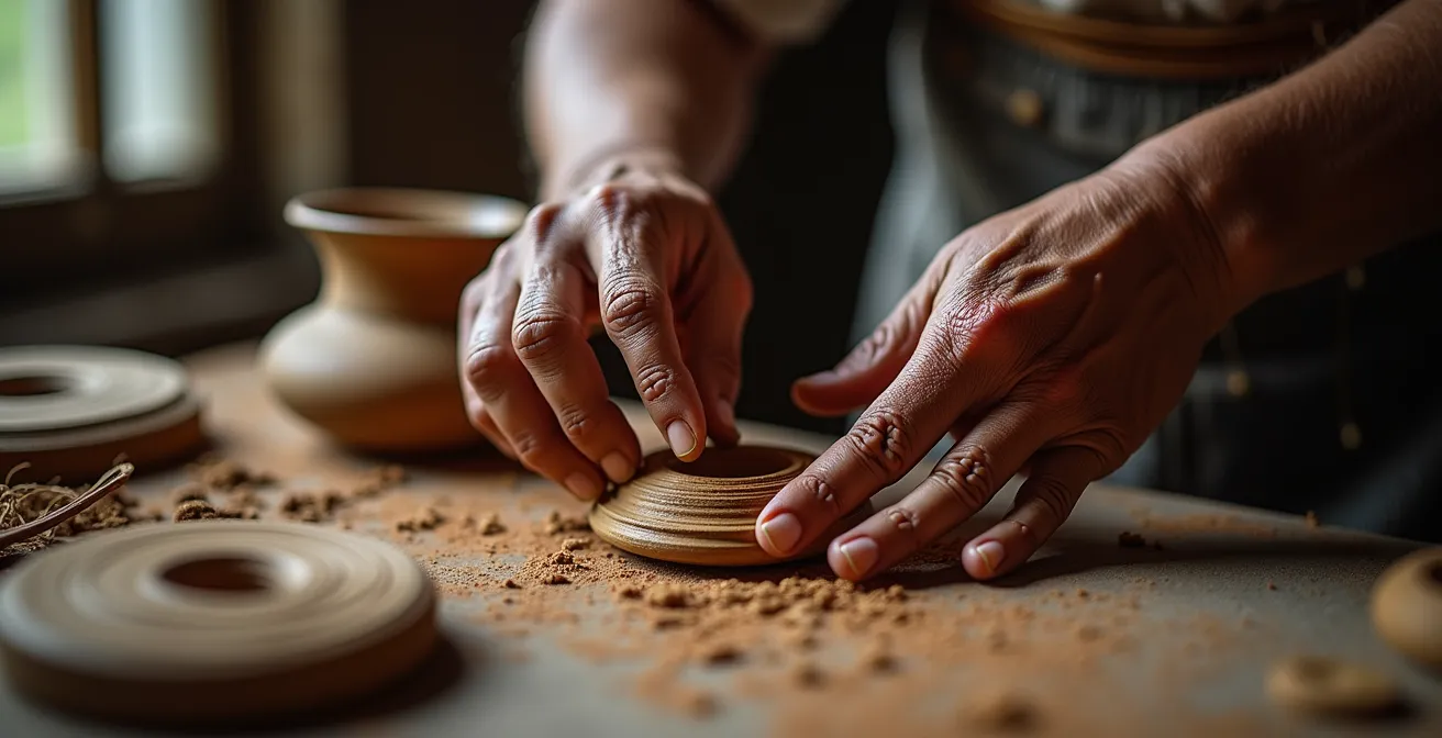 Reisender lernt traditionelles Handwerk von lokalem Kunsthandwerker