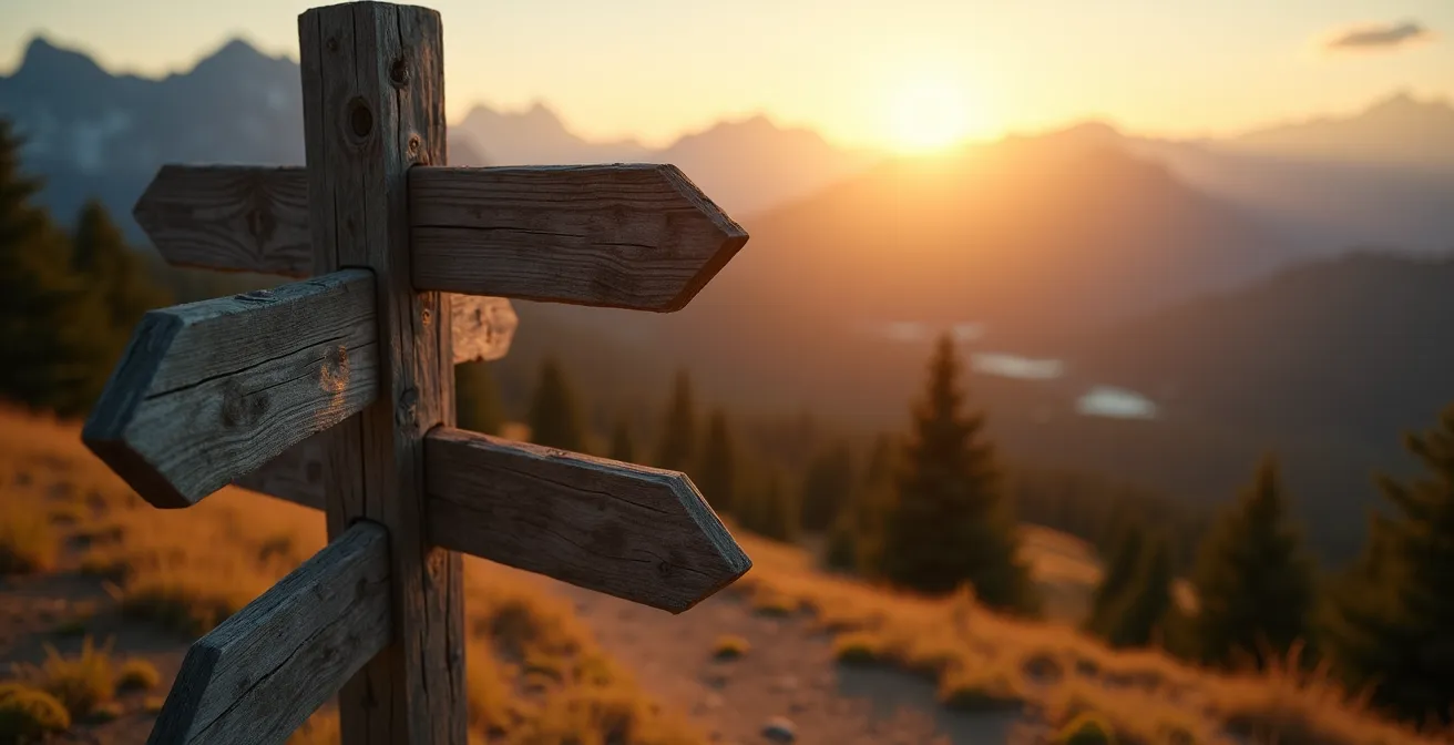 Eine Person steht an einer Weggabelung in einer weiten Landschaft, was die Entscheidung über neue Lebensprioritäten nach einer Reise symbolisiert.