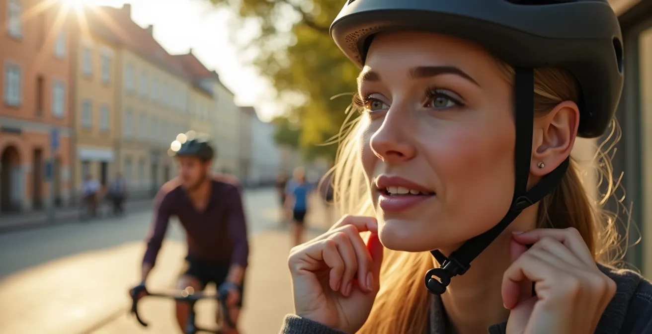 Alltagsbelastungen für das Haar durch Fahrradhelm und Handtasche in einer deutschen Stadt.