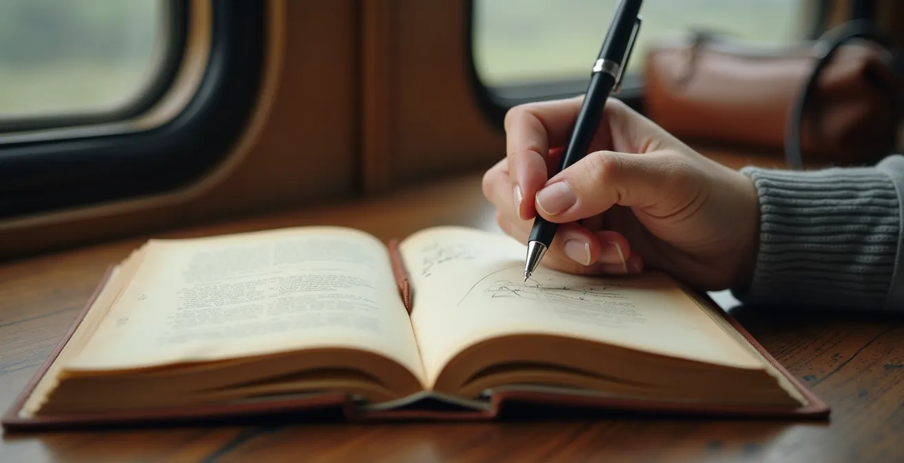 Eine Person schreibt in ein Reisetagebuch, umgeben von ruhiger Natur, was die Selbstreflexion auf Reisen symbolisiert.