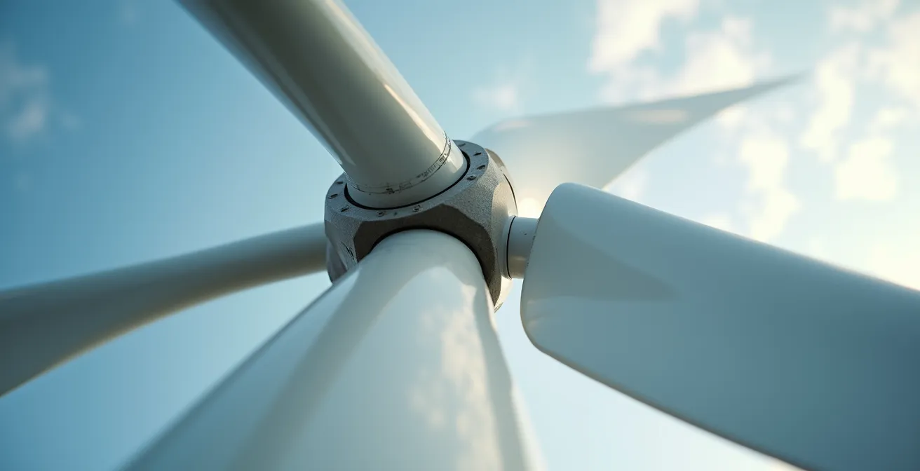 Nahaufnahme einer modernen Windkraftanlage vor deutschem Himmel mit Bewegungsunschärfe der Rotorblätter